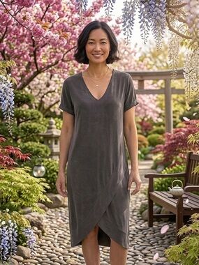 Dolan | Anthropologie | Cupro Deep V-Neck Short Sleeve MIDI Dress | See Measurem